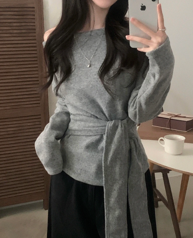 秋冬預訂｜繫帶露肩長袖針織衫