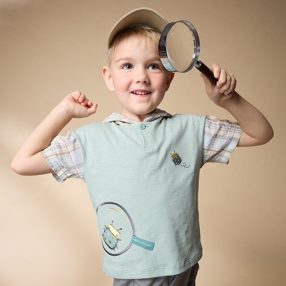 PIPPY俏皮瓢蟲剪接清爽格紋連帽天絲棉短袖上衣 綠