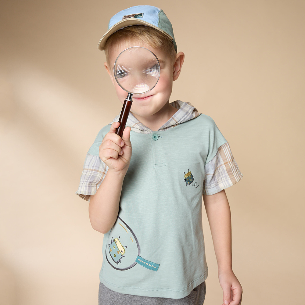 PIPPY俏皮瓢蟲剪接清爽格紋連帽天絲棉短袖上衣 綠