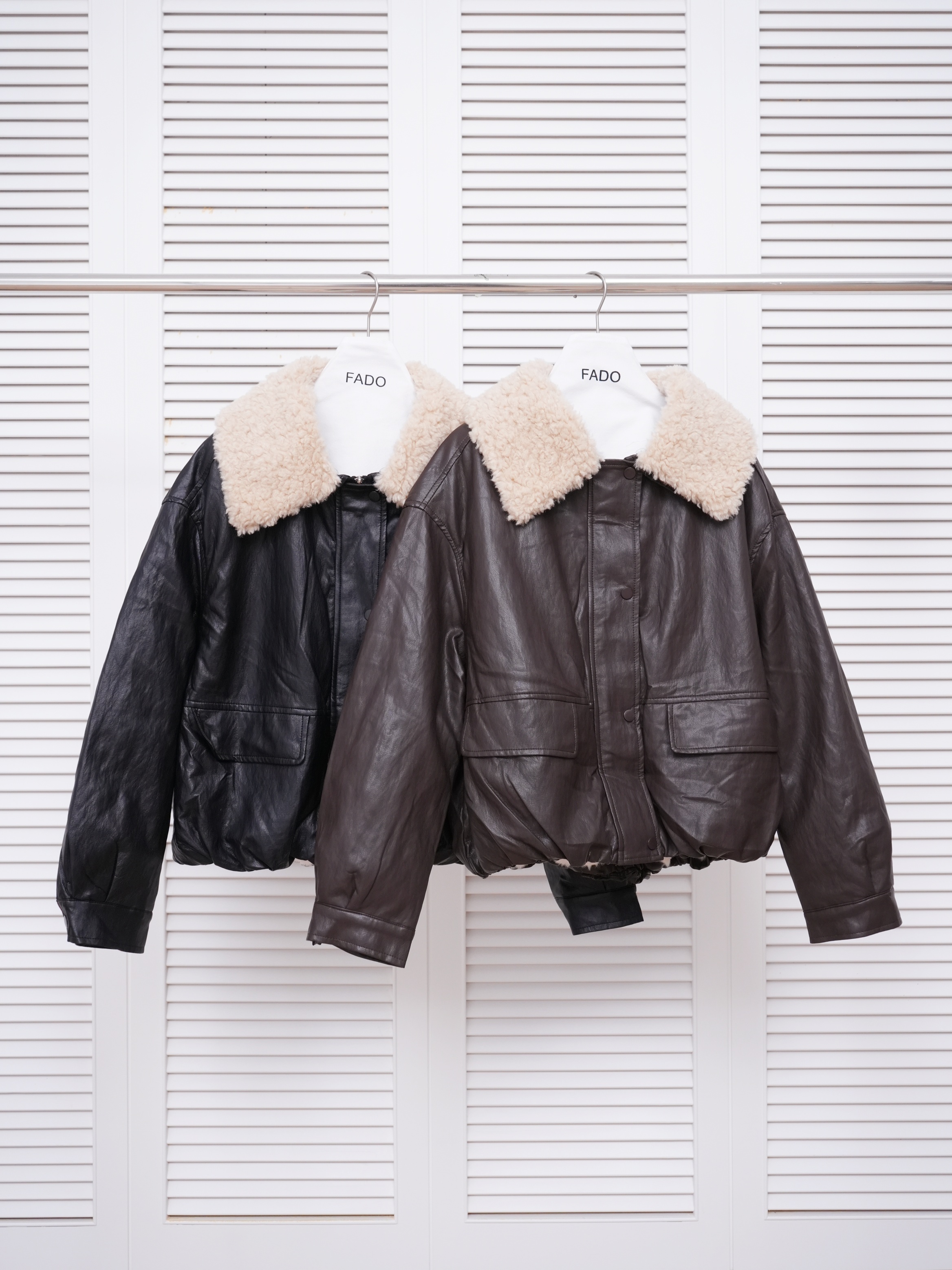 法朵Fado shop｜毛領可拆內加絨皮革外套 8804009 黑/咖啡