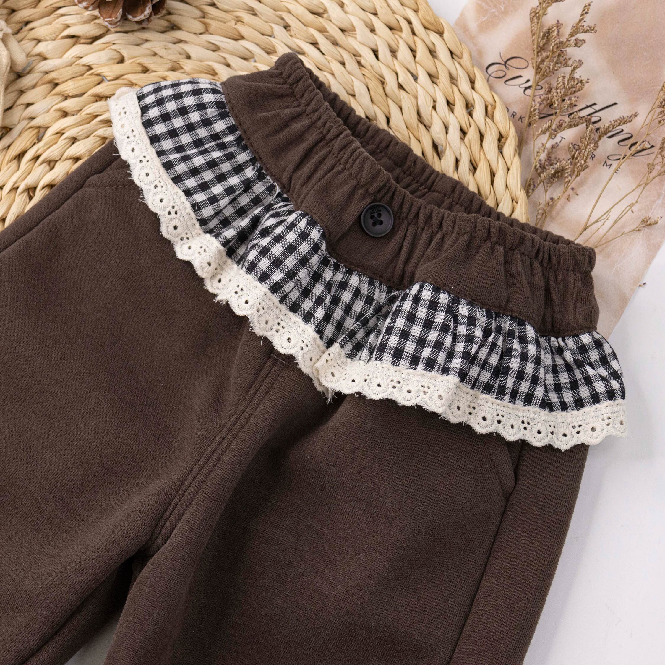 【H55910】格紋花邊設計內刷毛縮口褲