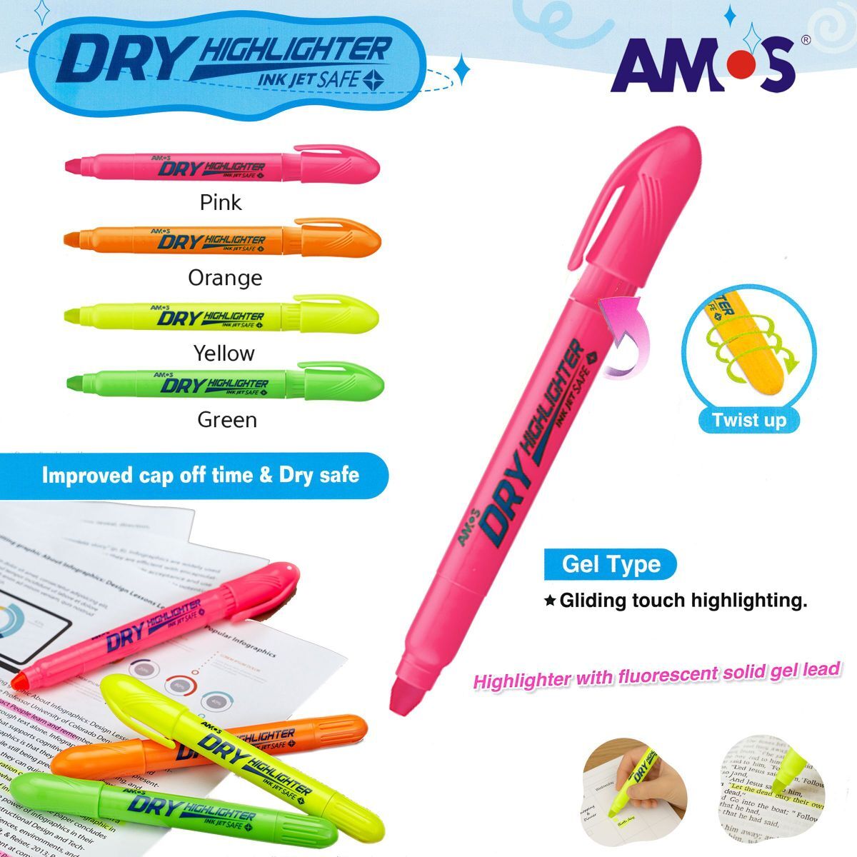 韓國AMOS 固體水晶螢光筆, 螢光粉紅色 #HLD12DPK《香港行貨》- 1 支