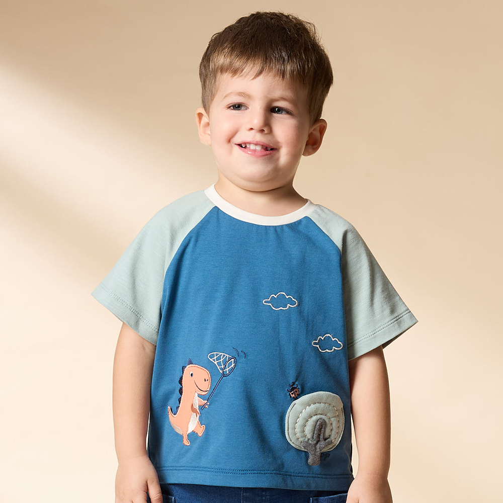 PIPPY 抓蟲小恐龍跳色圓領短袖上衣 藍