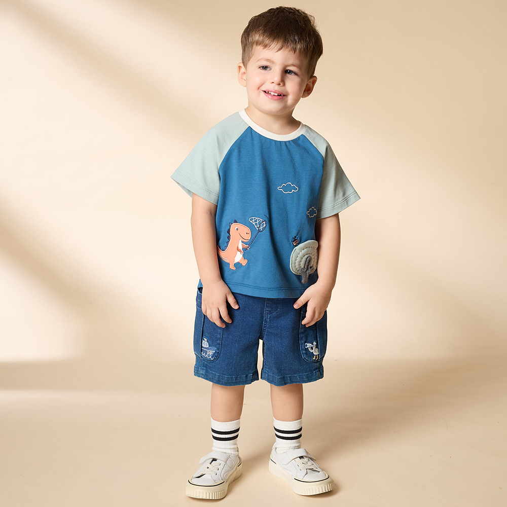 PIPPY 抓蟲小恐龍跳色圓領短袖上衣 藍