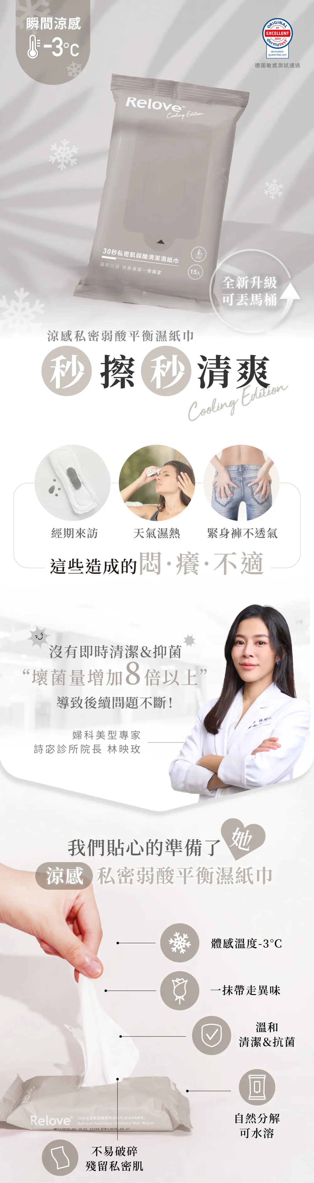 Relove 涼感私密弱酸平衡濕紙巾玫瑰涼感款 體感降溫 -3°C 涼感實測圖、生理期異味瓦解原理圖，FloraCARE 嚴選 LADY FLOWER