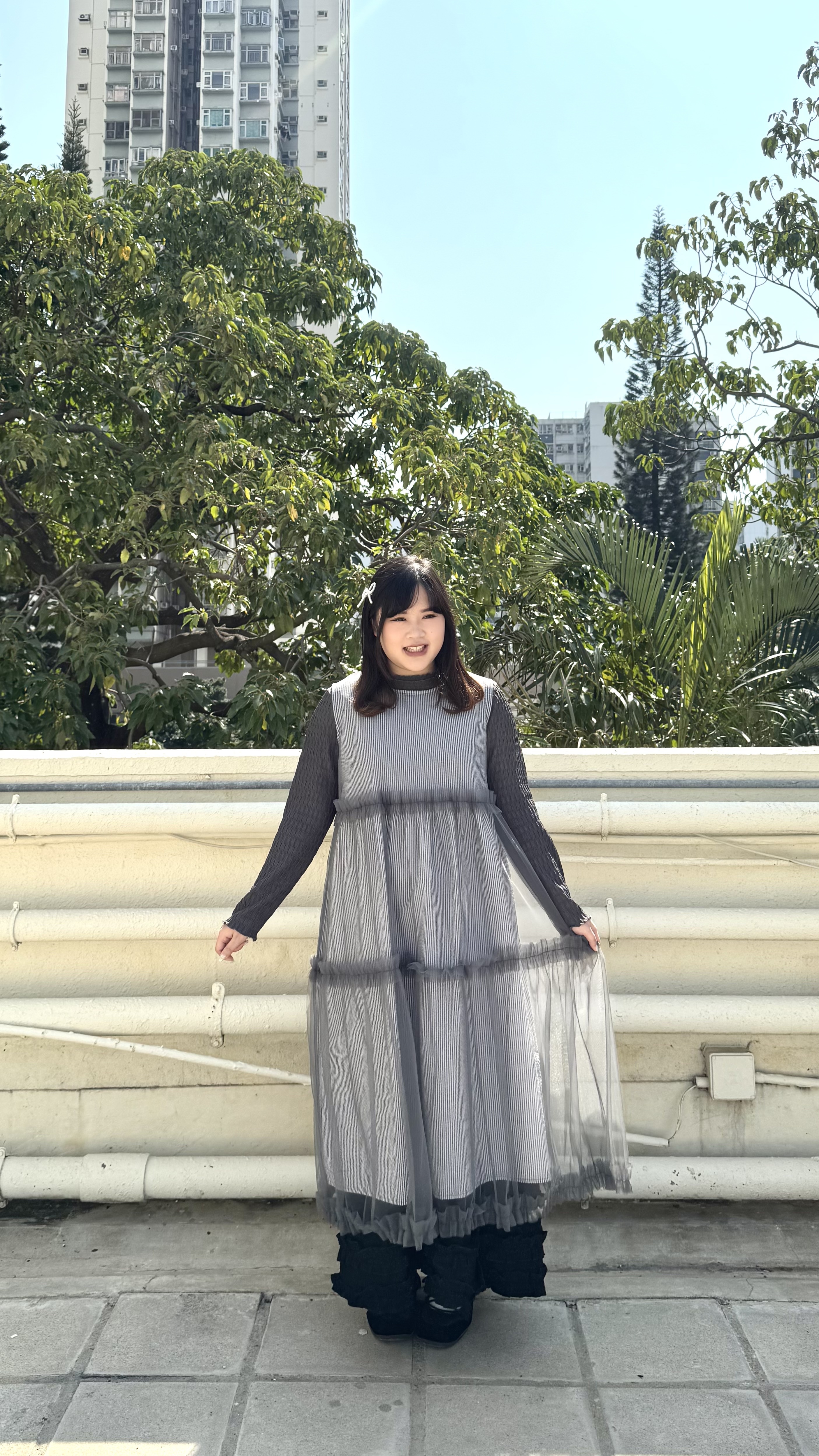 直紋拼紗背心裙