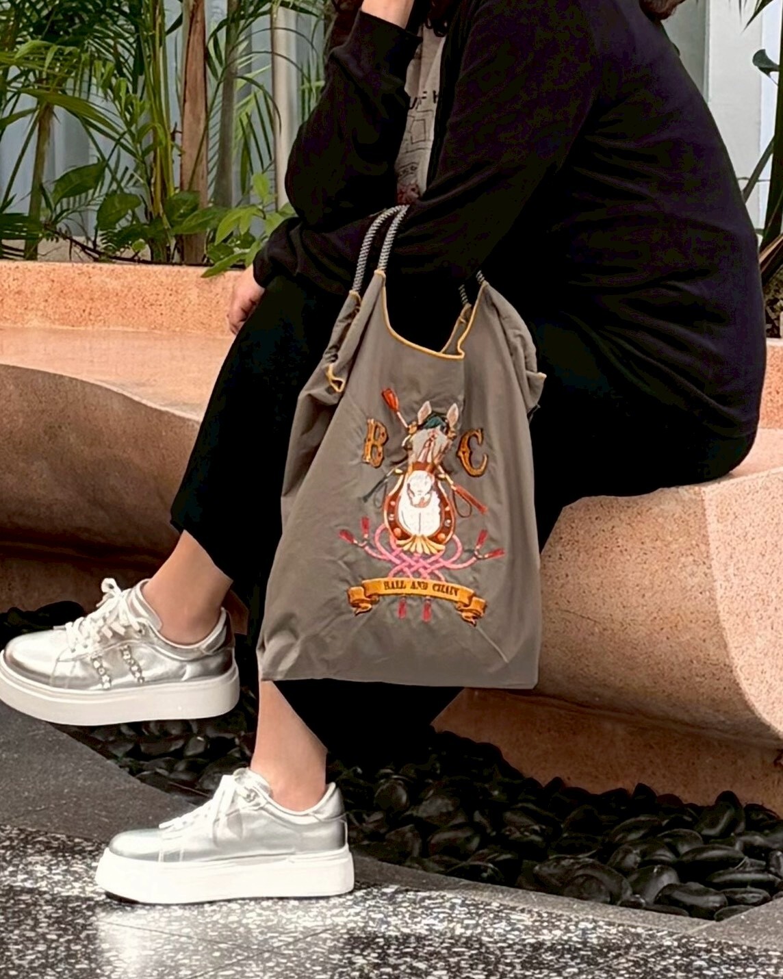 Ball＆Chain 刺繡環保購物袋 M號 - 灰 (30107185)