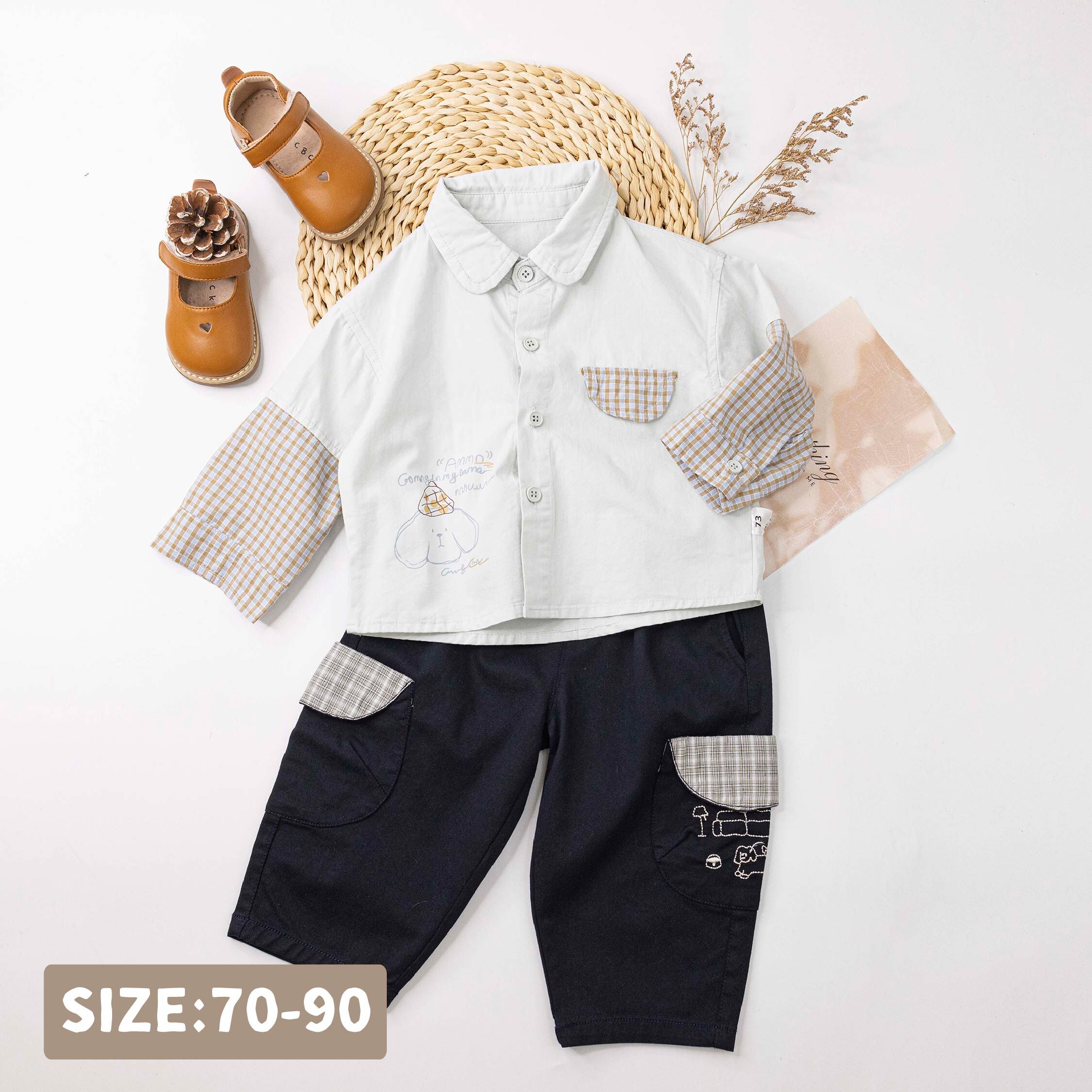 【H55928】童趣插畫小狗格紋拼接假兩件休閒襯衫