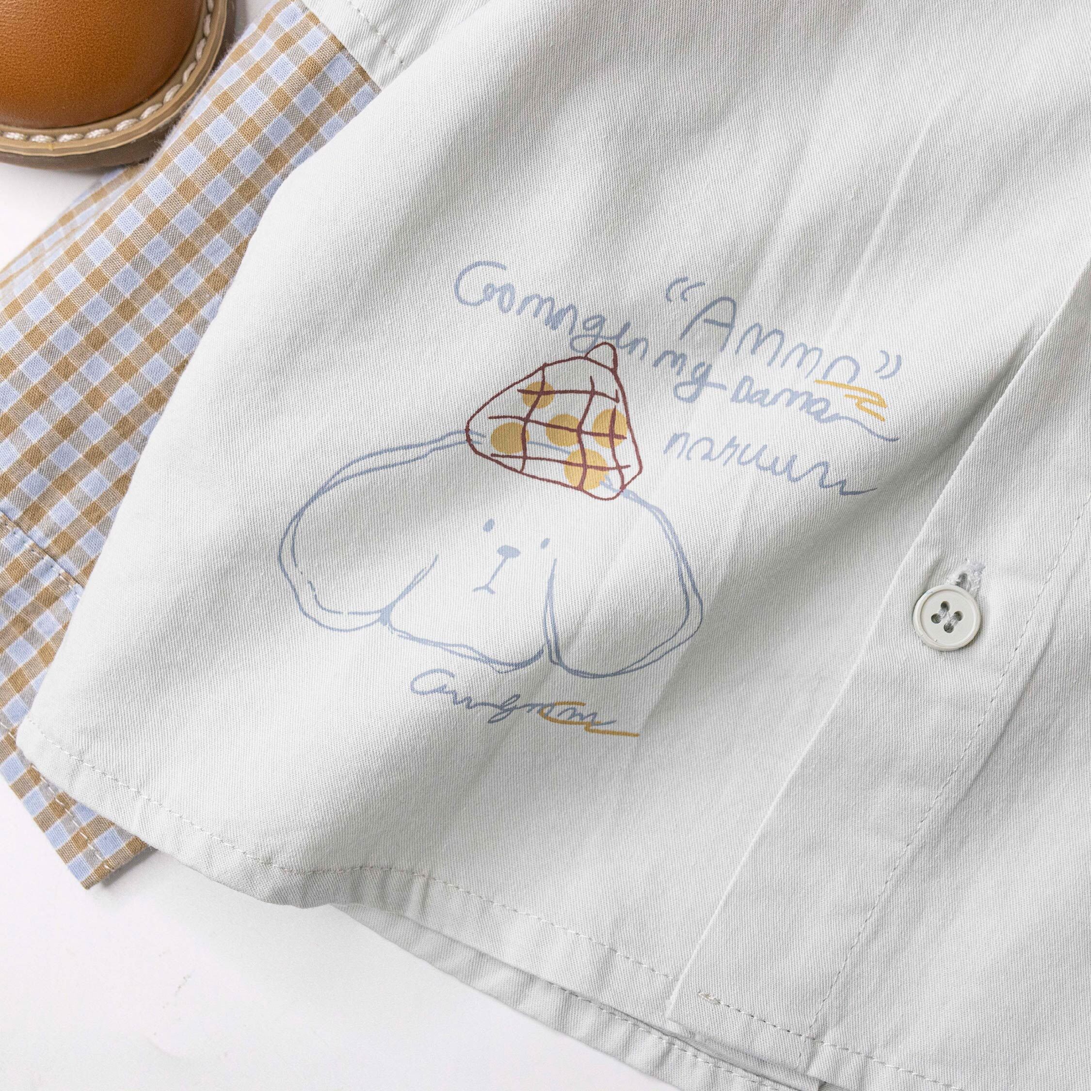 【H55928】童趣插畫小狗格紋拼接假兩件休閒襯衫