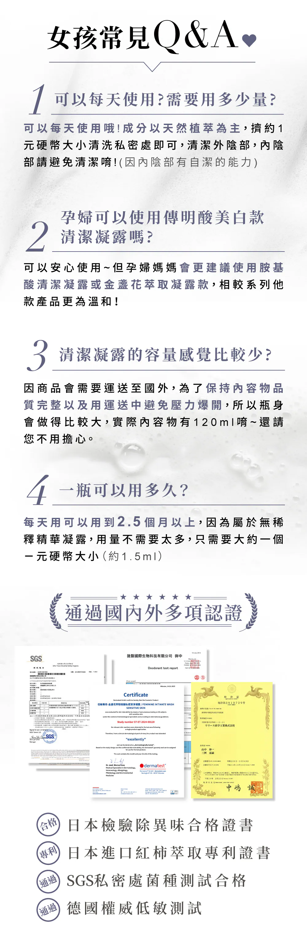 Relove 胺基酸私密潔淨凝露綠茶香涼感款，Relove 獨家日本紅柿萃取分解異味技術、SGS 認證 99.99% 抗菌報告，FloraCARE 嚴選 LADY FLOWER