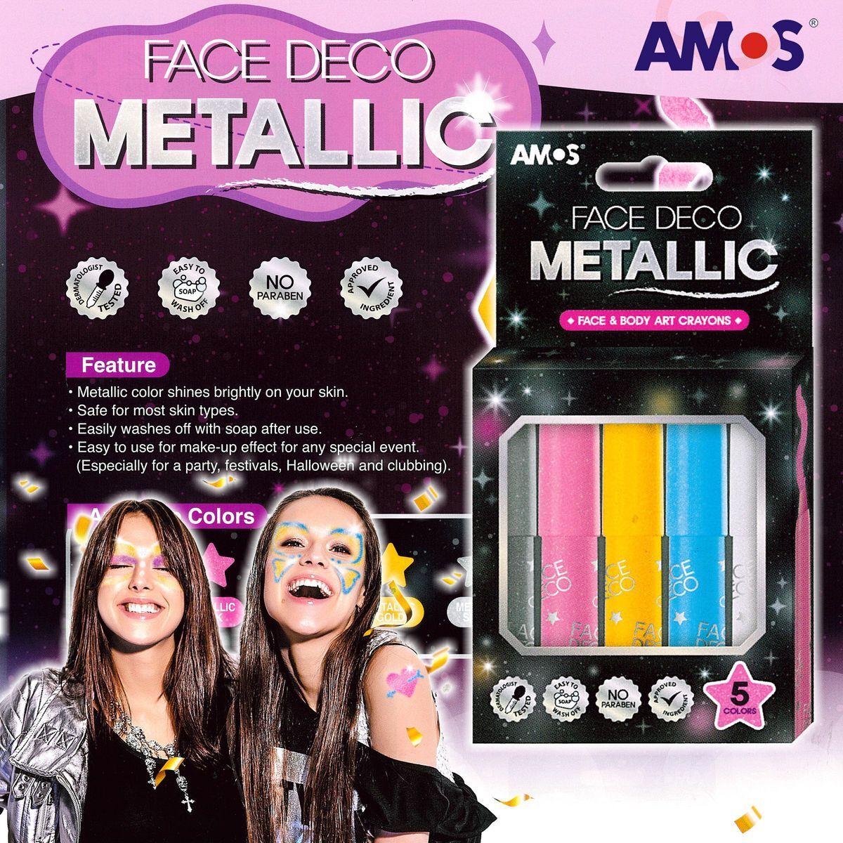 韓國 AMOS 閃粉繪臉彩蠟筆, 5色套裝 #FDM10P5《香港行貨》繪面畫臉畫面