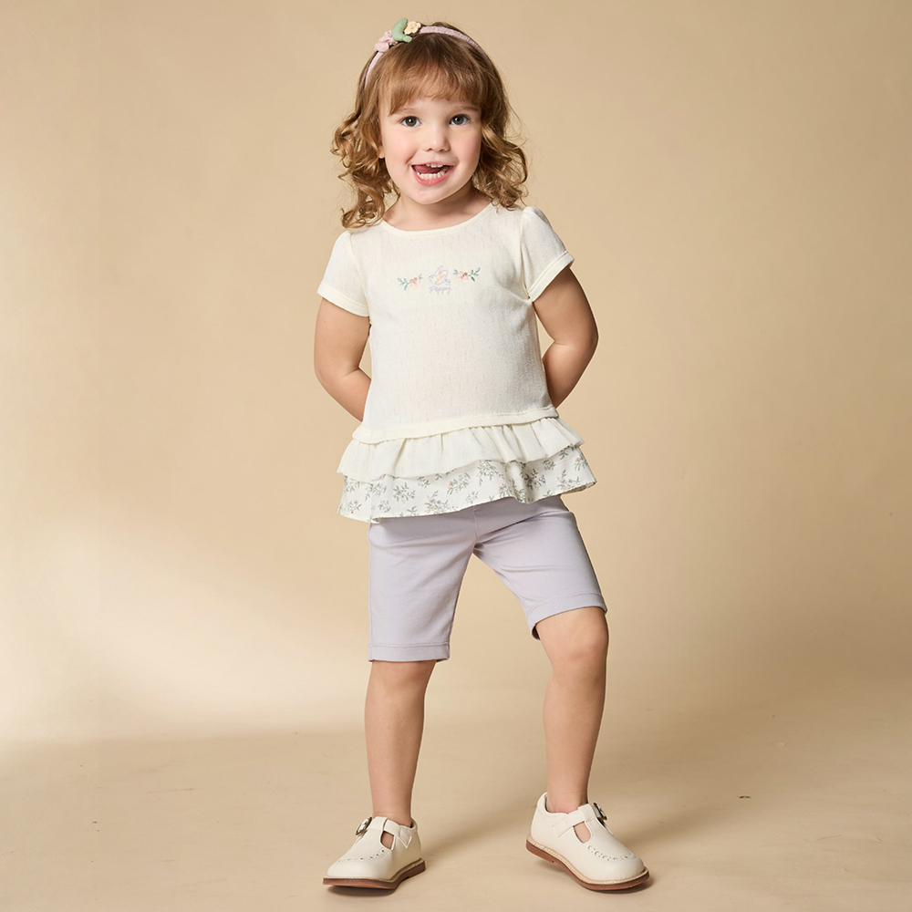 PIPPY 可愛花卉小鳥圓領下擺剪接碎花短袖上衣 米白