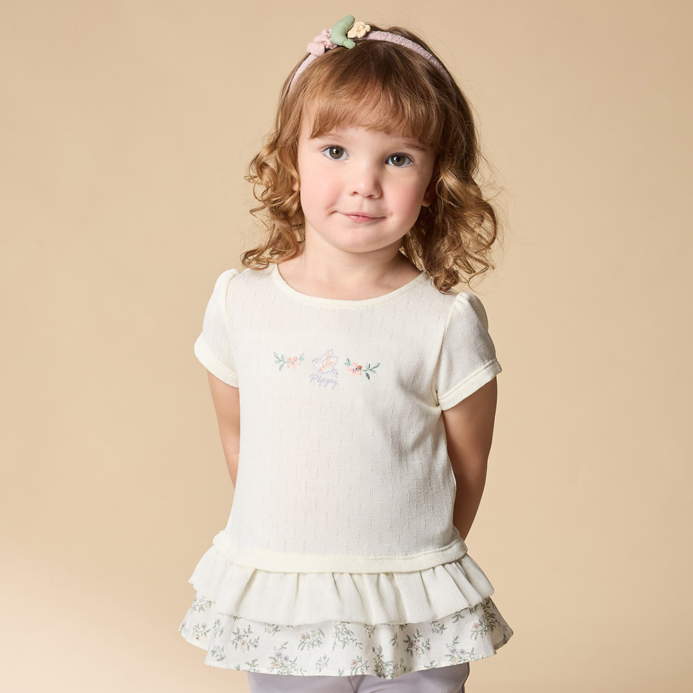 PIPPY 可愛花卉小鳥圓領下擺剪接碎花短袖上衣 米白