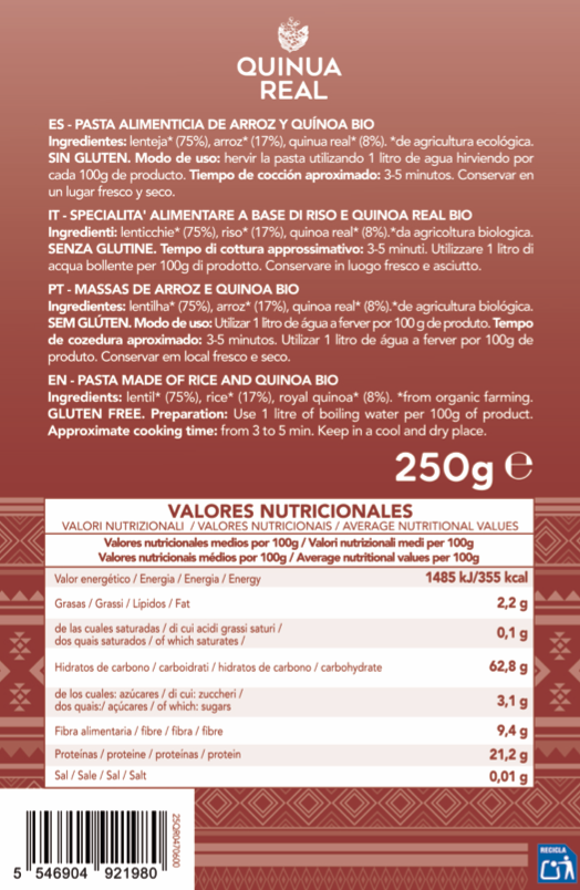 Quinua Real Organic Lentil Quinoa Protein Maccheroni (250g) (120658)