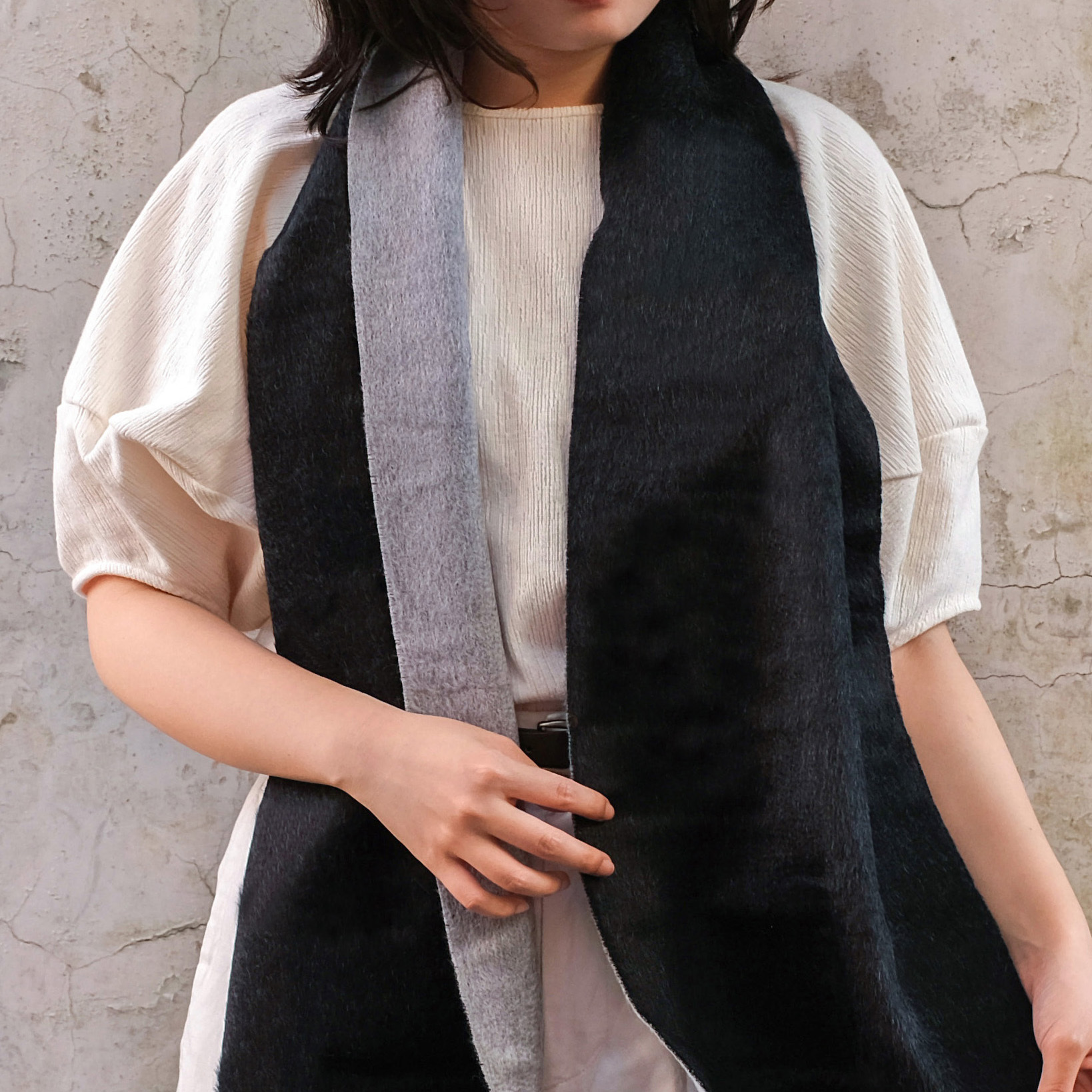 安地斯羊駝圍巾｜雙面suri款 - 灰黑｜秘魯