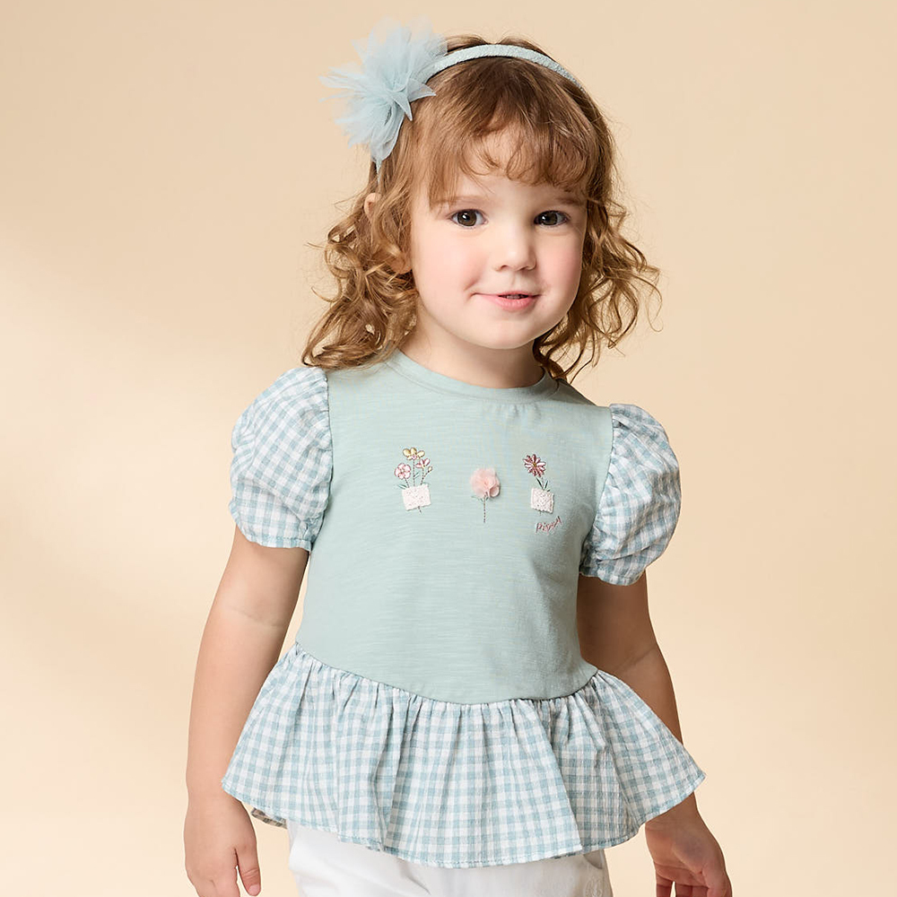 PIPPY 幸福小花剪接格紋圓領短袖上衣 綠