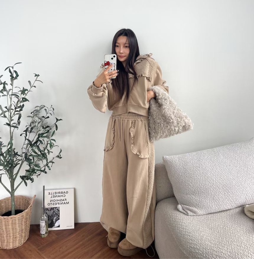 荷葉連帽拚抓絨外套  長褲(分售)