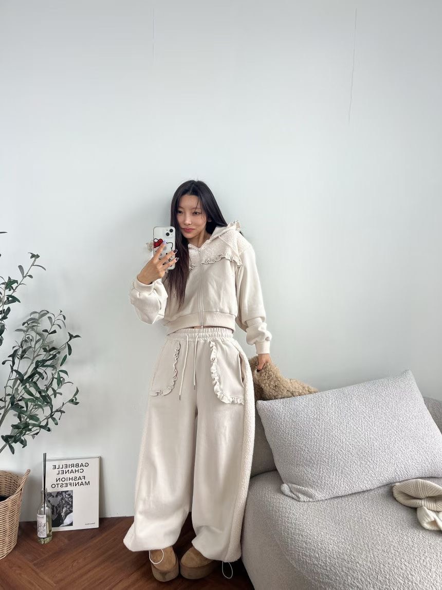 荷葉連帽拚抓絨外套  長褲(分售)