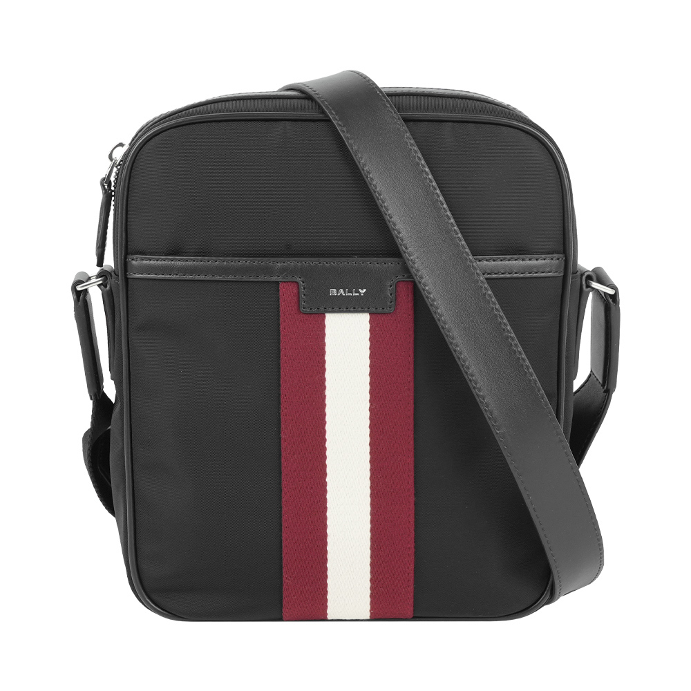 【Bally】Code 紅白條紋尼龍斜背包(黑色)