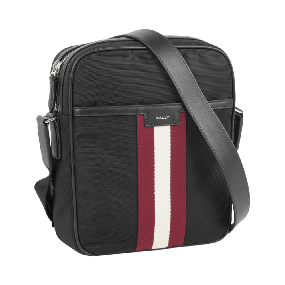 【Bally】Code 紅白條紋尼龍斜背包(黑色)