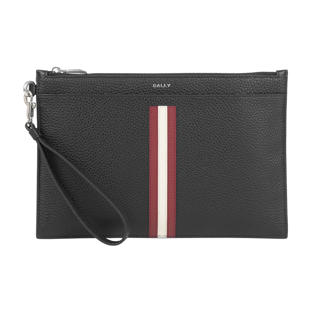 【Bally】Ribbon 紅白條紋粒紋牛皮附提把手拿包(黑色)