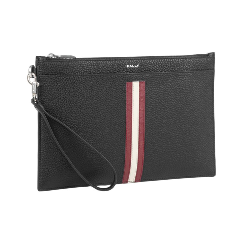 【Bally】Ribbon 紅白條紋粒紋牛皮附提把手拿包(黑色)