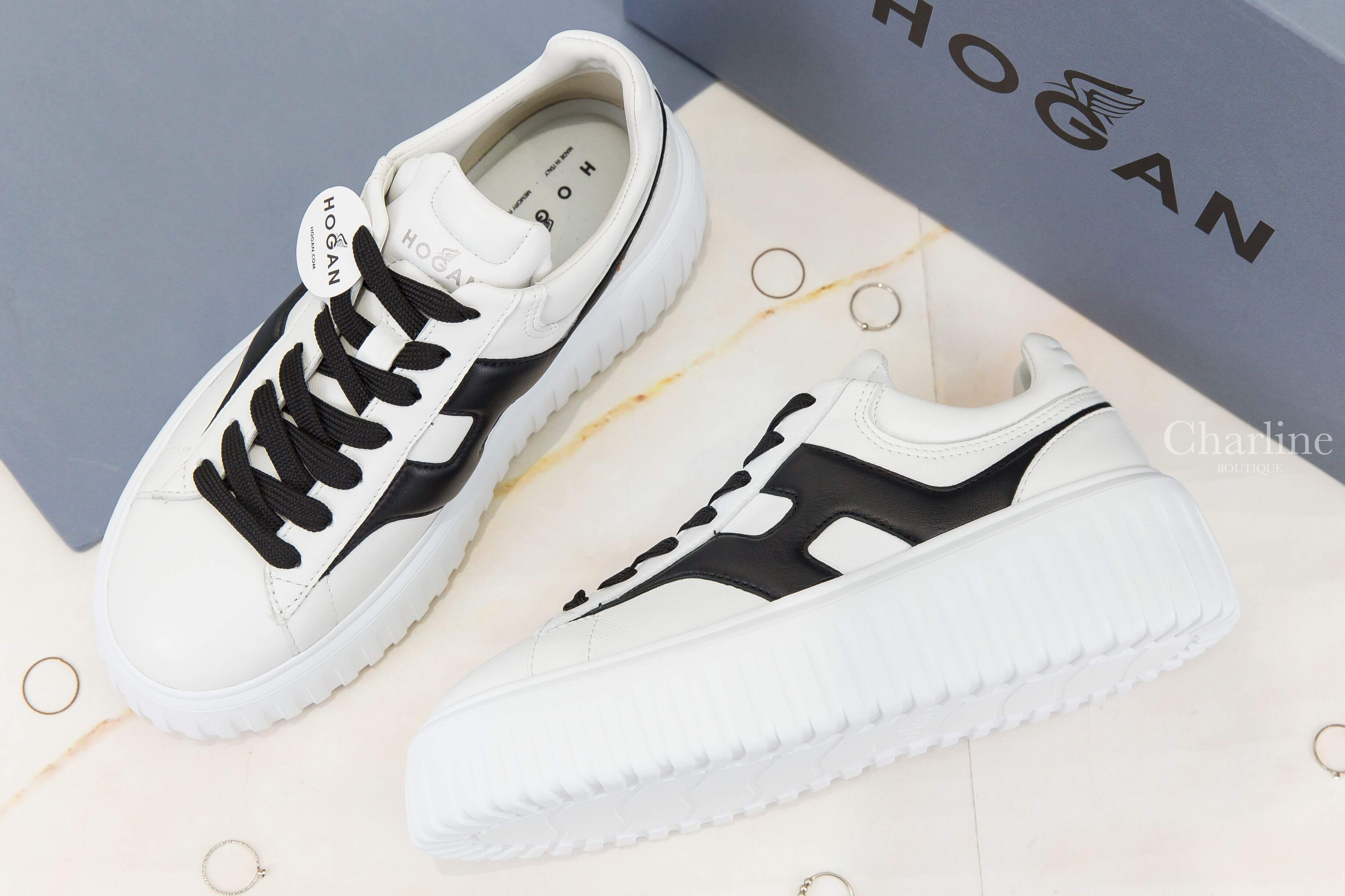 Hogan Sneakers Hogan H-Stripes 白色小牛皮側邊黑色H厚底運動鞋-Charline Boutique 精品代購