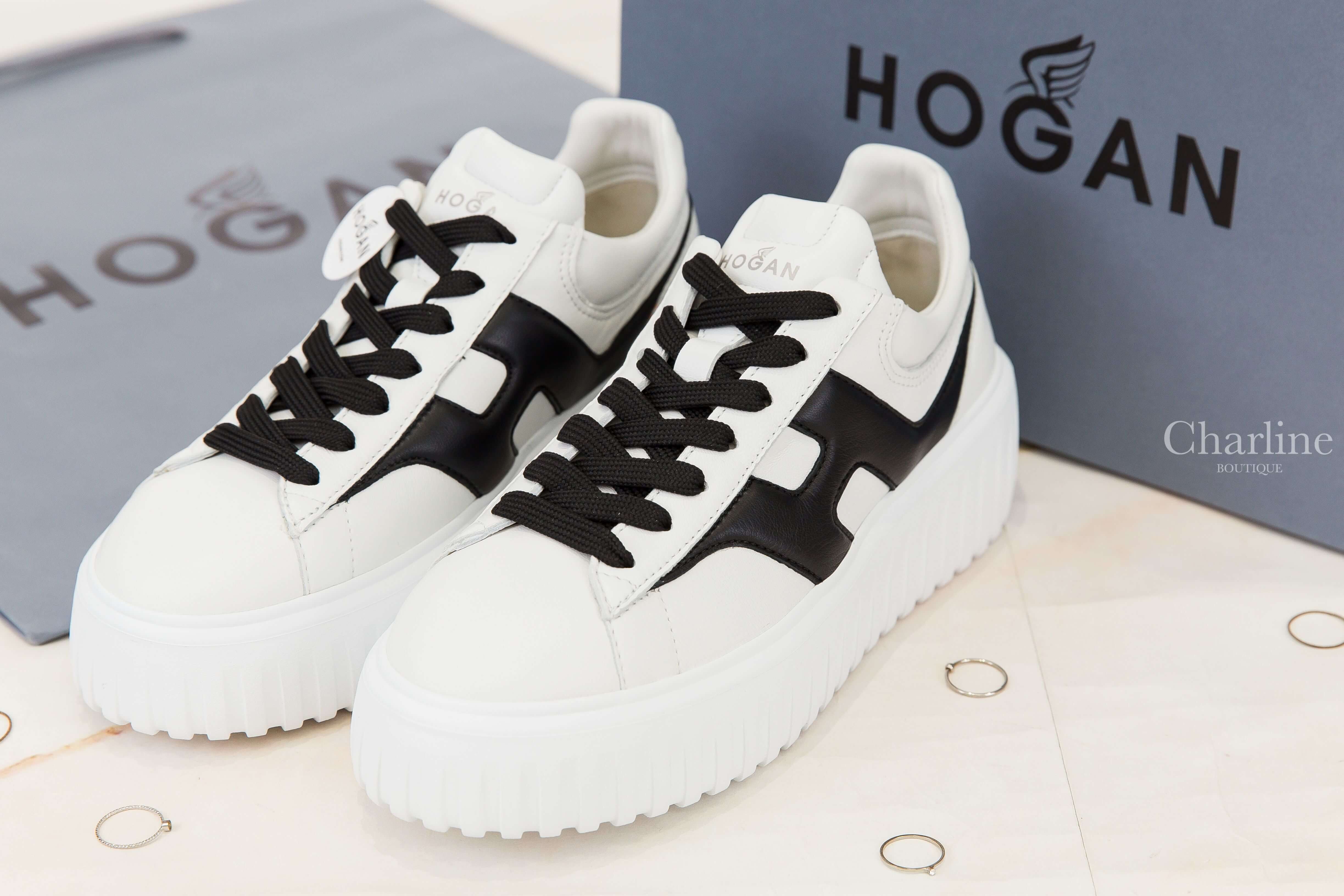 Hogan Sneakers Hogan H-Stripes 白色小牛皮側邊黑色H厚底運動鞋-Charline Boutique 精品代購