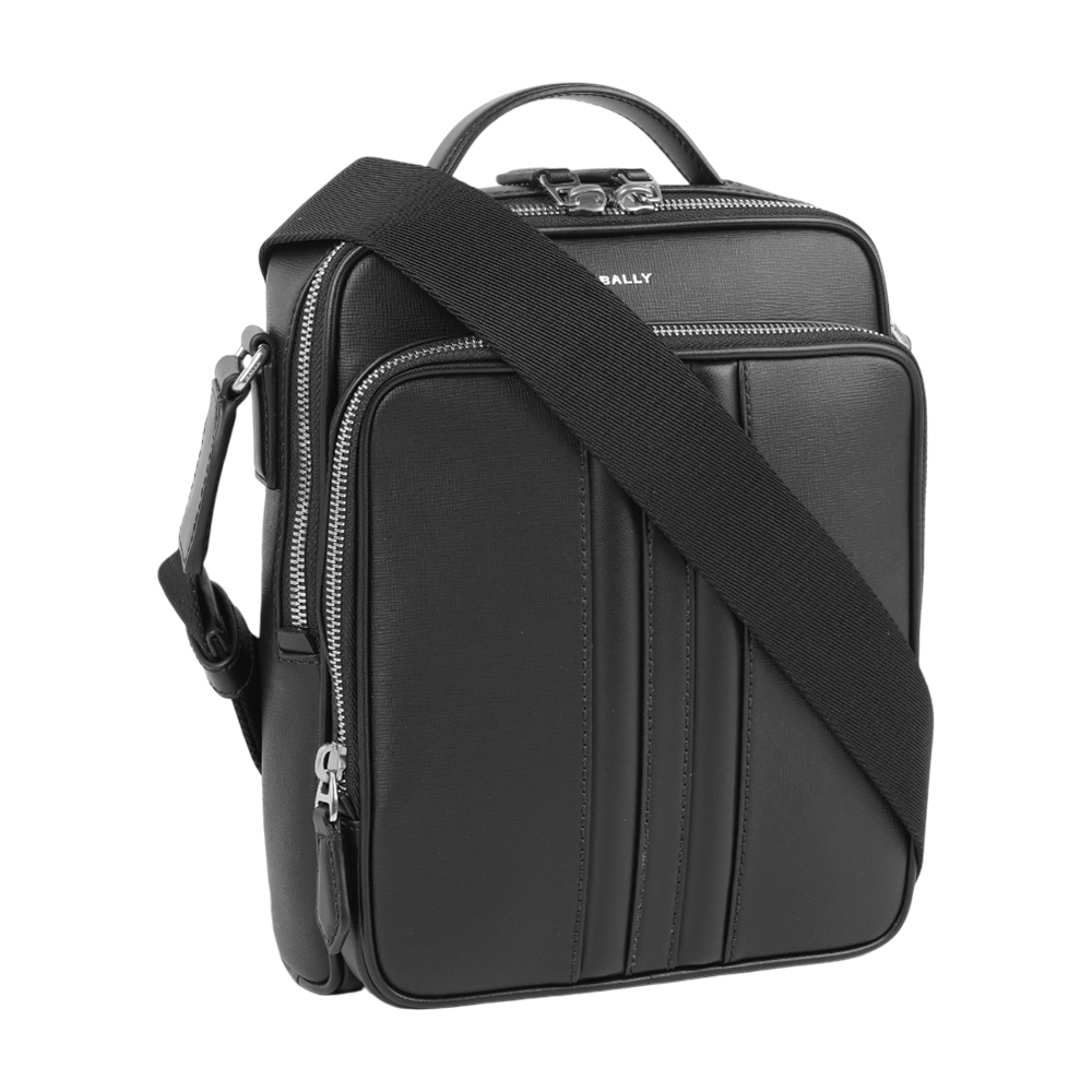 【Bally】Mythos 黑條紋再生牛皮手提/斜背二用包(黑色)