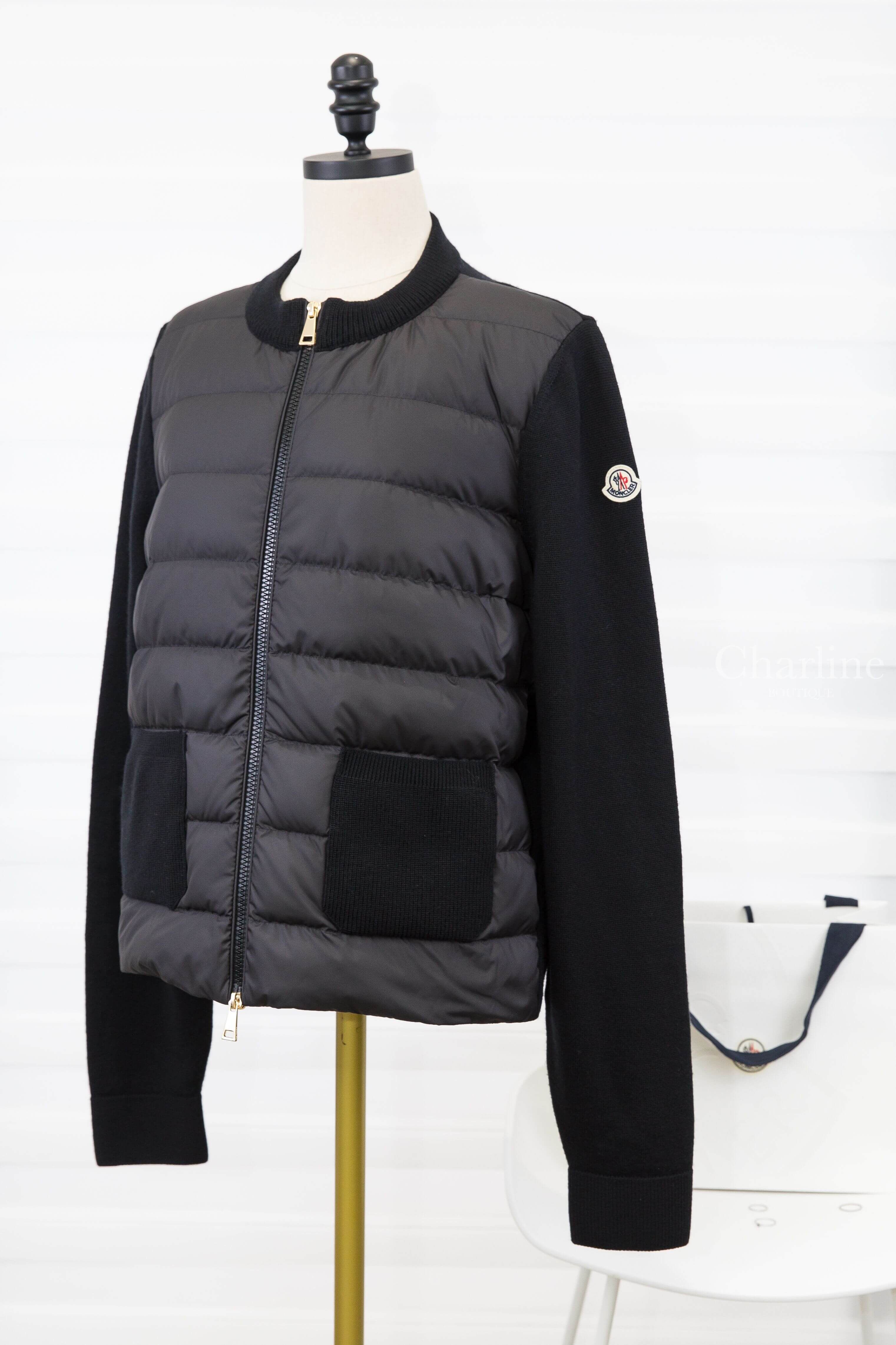 Moncler Padded Wool Zip-Up Cardigan 黑色拼接針織雙口袋輕羽絨外套-Charline Boutique 精品代購