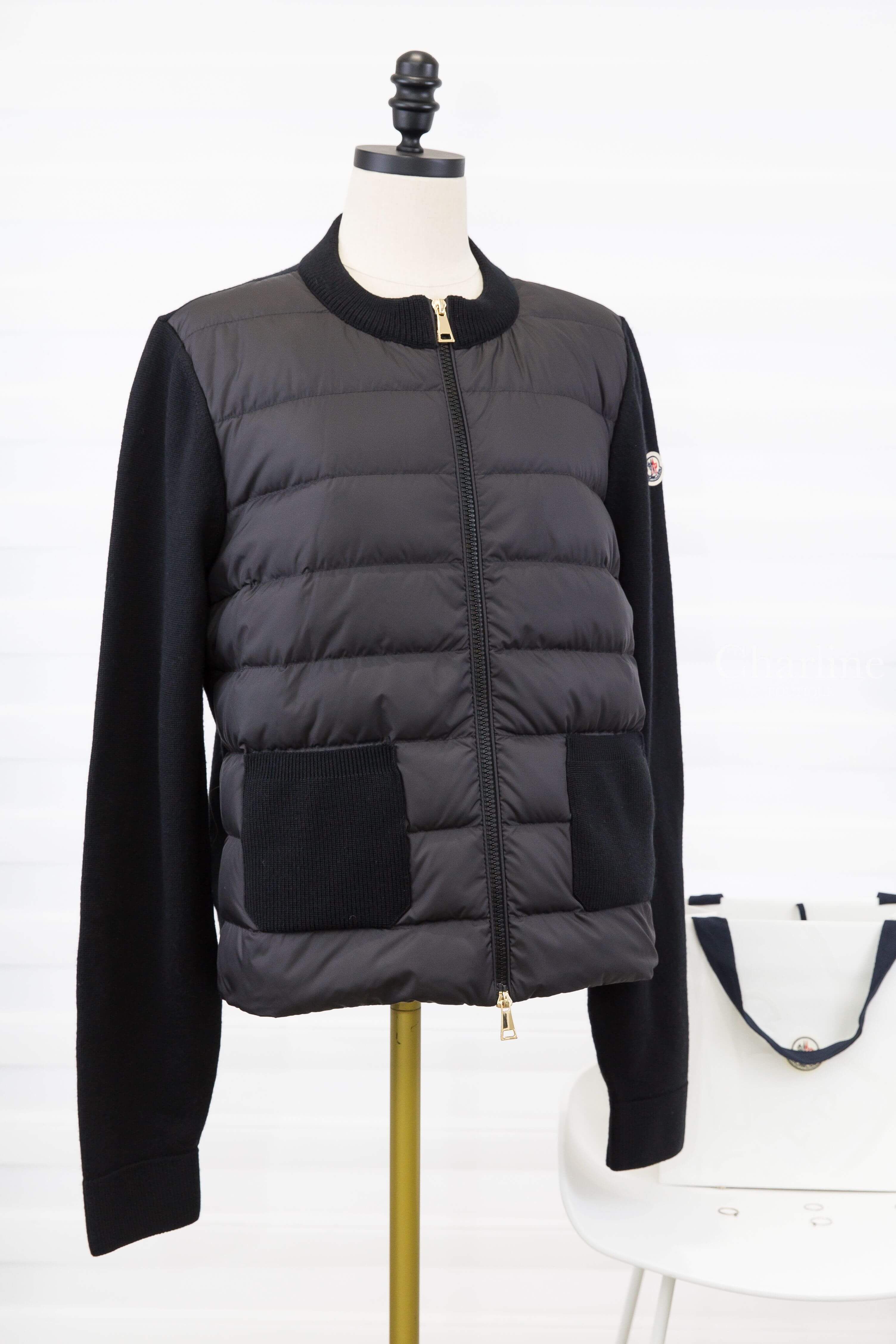 Moncler Padded Wool Zip-Up Cardigan 黑色拼接針織雙口袋輕羽絨外套-Charline Boutique 精品代購