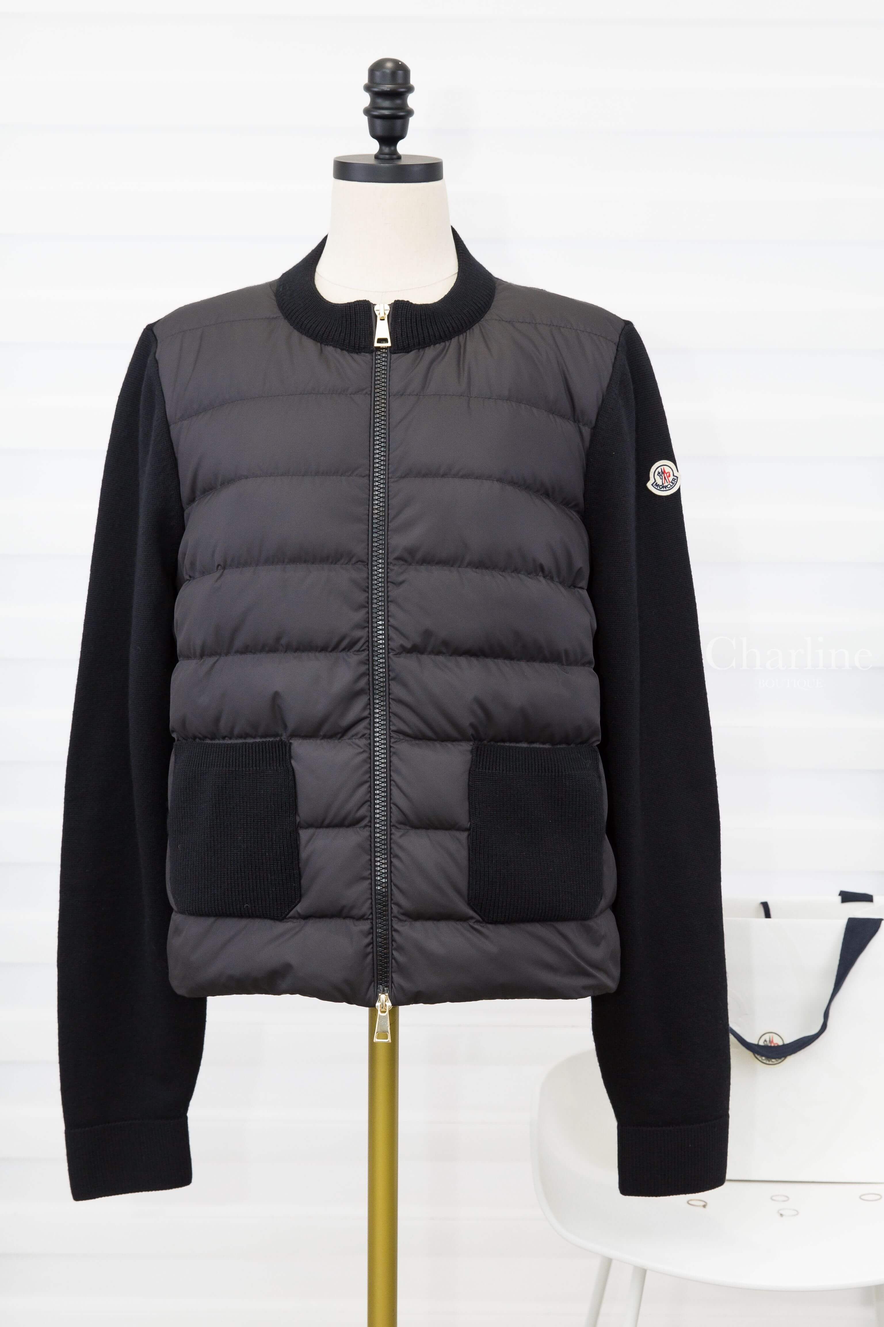 Moncler Padded Wool Zip-Up Cardigan 黑色拼接針織雙口袋輕羽絨外套