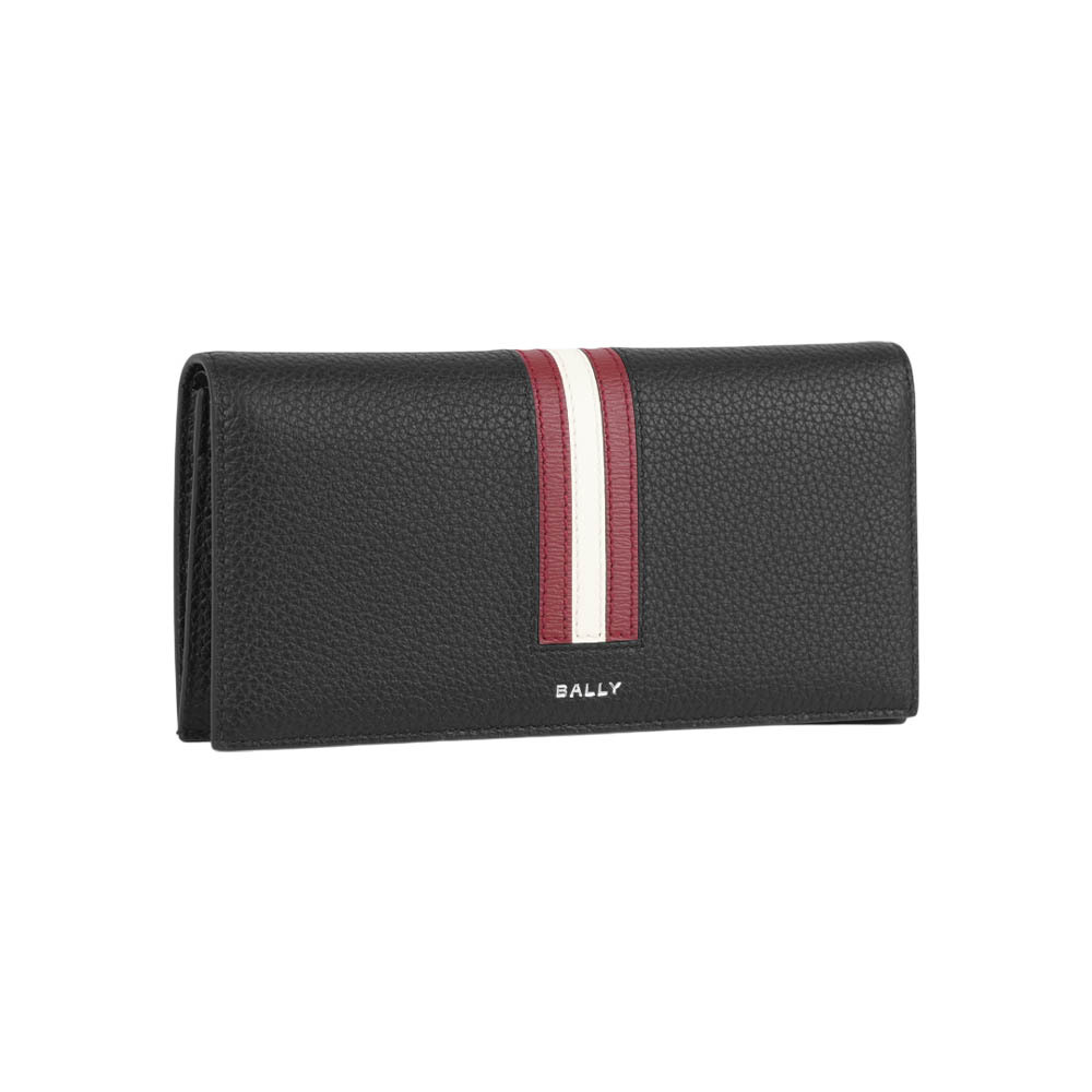 【Bally】Ribbon 紅白條紋牛皮18卡對開長夾(黑色)