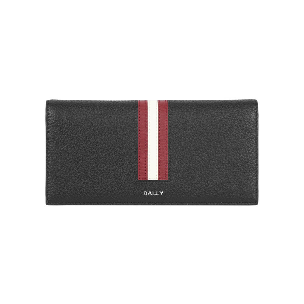 【Bally】Ribbon 紅白條紋牛皮18卡對開長夾(黑色)