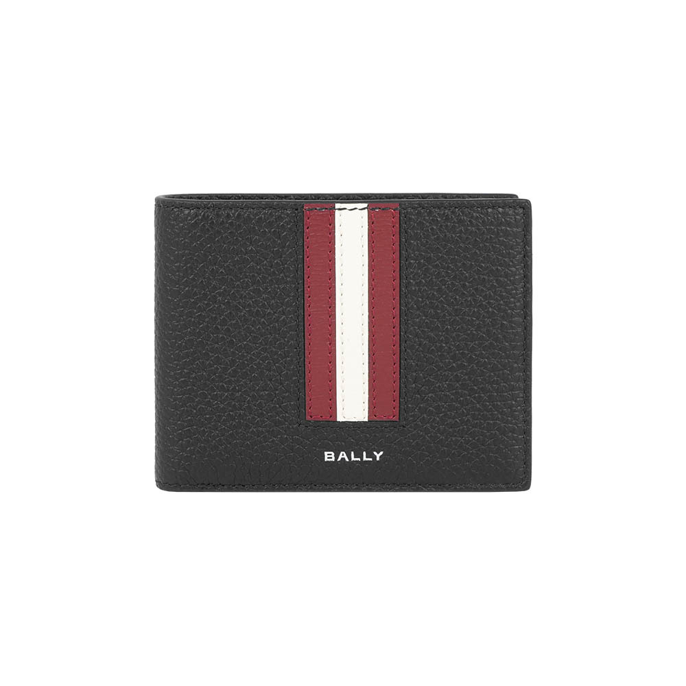 【Bally】Ribbon 紅白條紋牛皮6卡對開短夾(黑色)