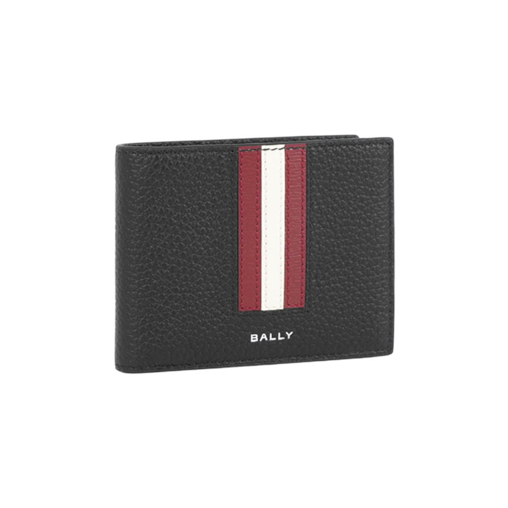 【Bally】Ribbon 紅白條紋牛皮6卡對開短夾(黑色)