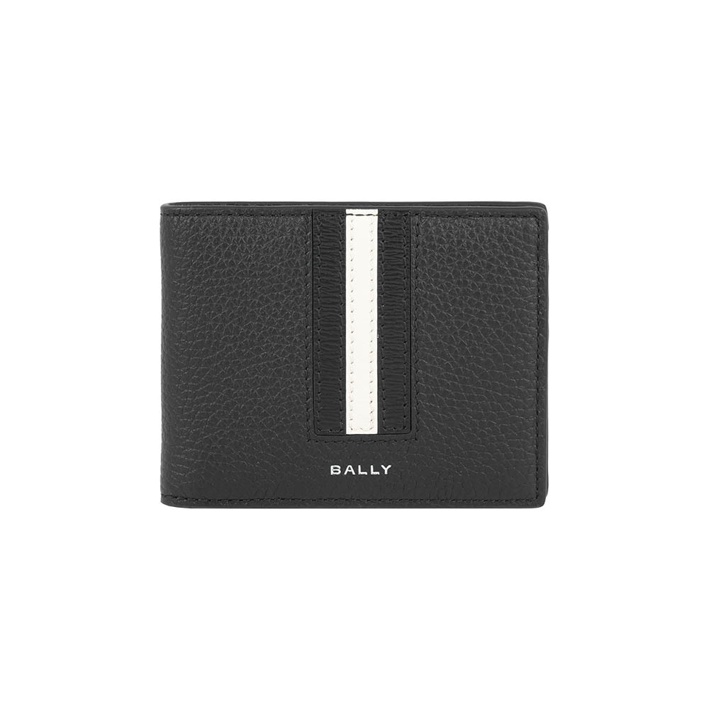 【Bally】Ribbon 黑白條紋牛皮6卡對開短夾(黑色)