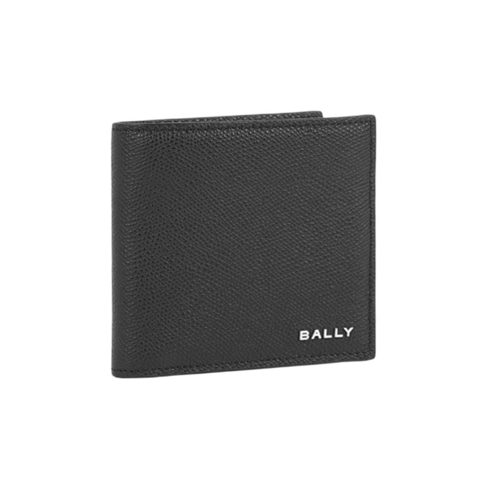 【Bally】銀字Logo 粒紋小牛皮對開8卡短夾(黑色)