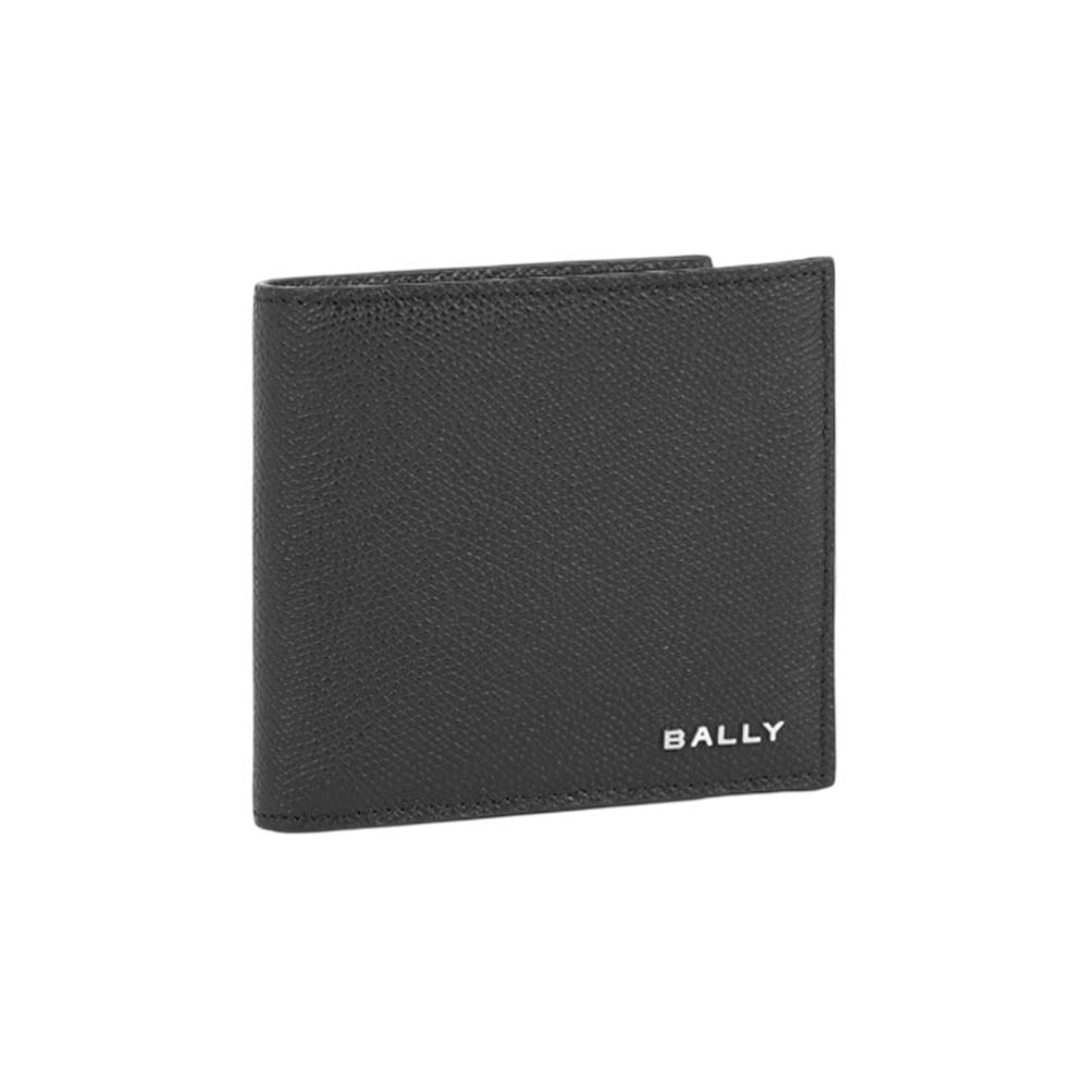 【Bally】銀字Logo 粒紋小牛皮對開零錢袋短夾(黑色)