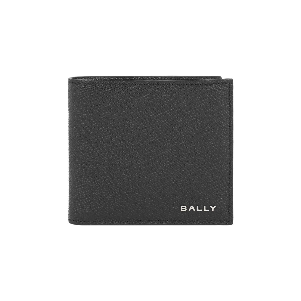 【Bally】銀字Logo 粒紋小牛皮對開零錢袋短夾(黑色)