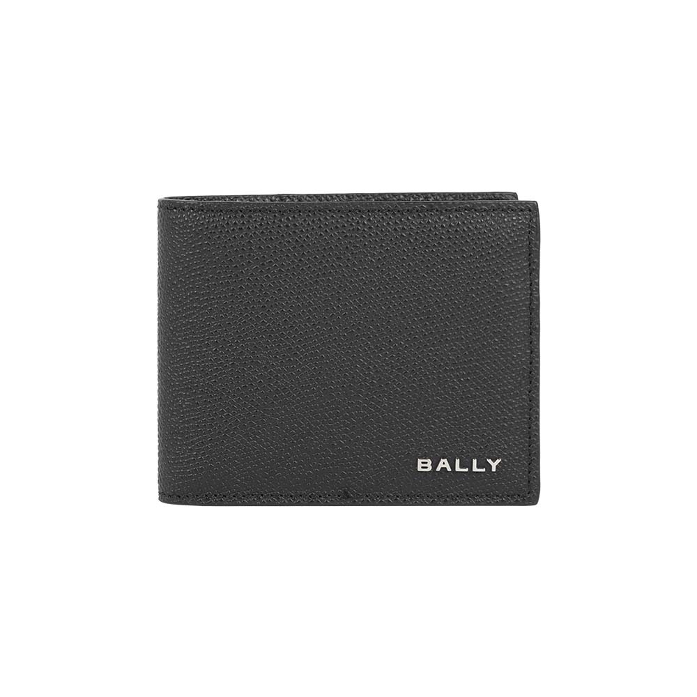 【Bally】銀字Logo 粒紋小牛皮對開證件照短夾(黑色)