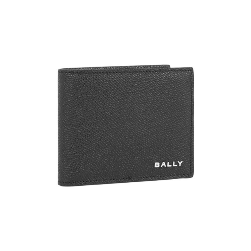 【Bally】銀字Logo 粒紋小牛皮對開證件照短夾(黑色)
