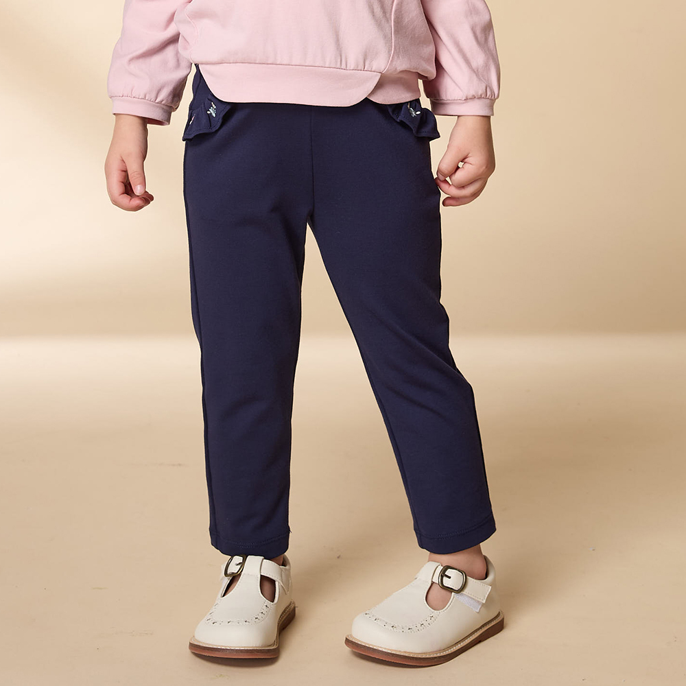 PIPPY 典雅袋口抽皺荷葉邊鬆緊長褲 丈青