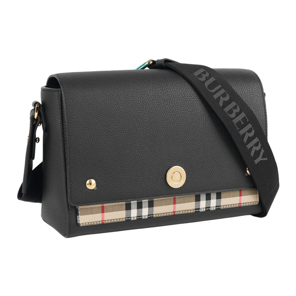 【Burberry】Vintage 格紋及皮革翻蓋斜背包(黑色)