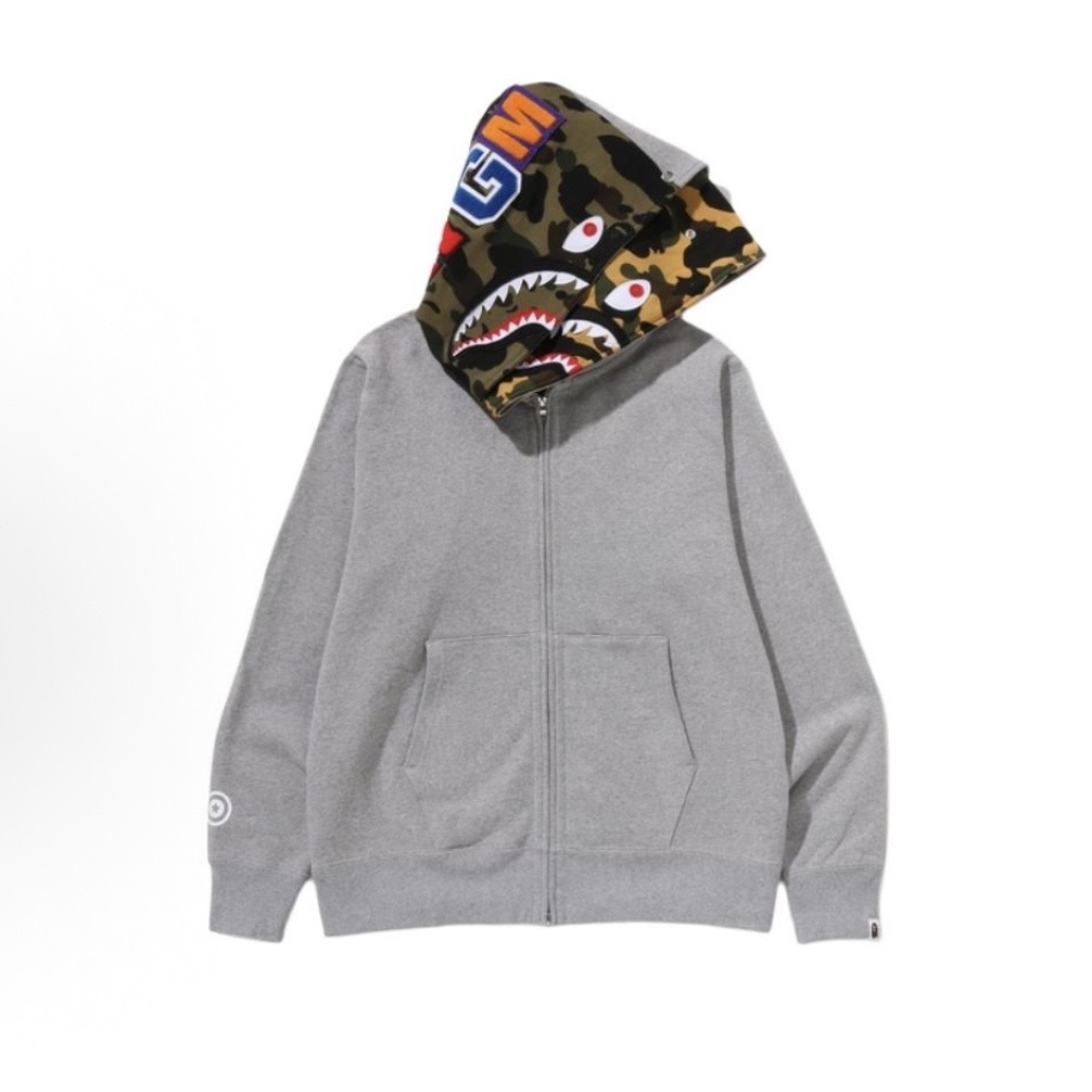 A BATHING APE SHARK FULL ZIP DOUBLE HOODIE RELAXED FIT 雙頭鯊 迷彩 鯊魚外套 灰色-0ZXSWMX07151P