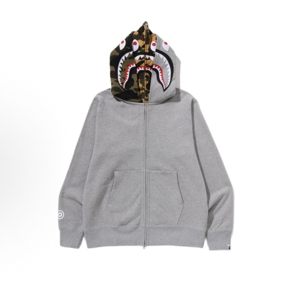 A BATHING APE SHARK FULL ZIP DOUBLE HOODIE RELAXED FIT 雙頭鯊 迷彩 鯊魚外套 灰色-0ZXSWMX07151P