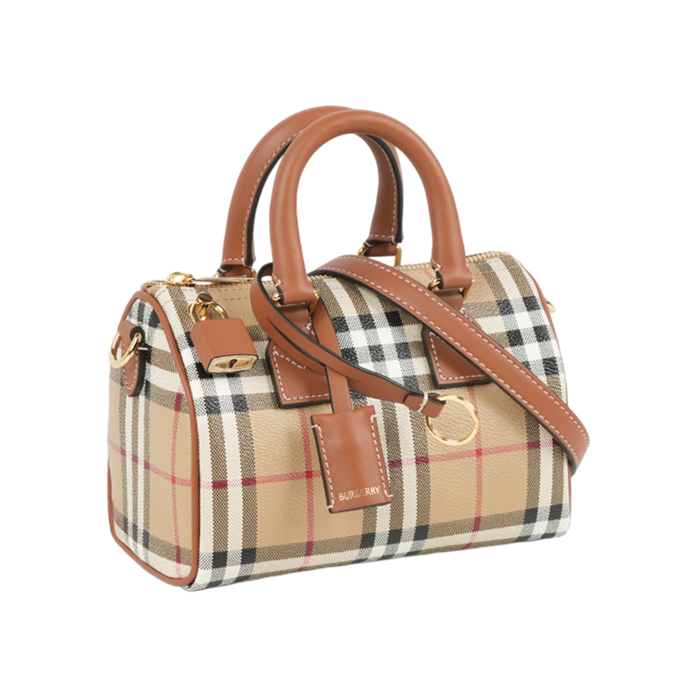 【Burberry】經典格紋帆布及牛皮迷你保齡球包(經典米色/石楠木棕色)