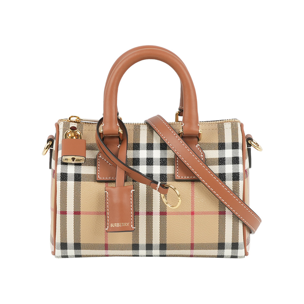 【Burberry】經典格紋帆布及牛皮迷你保齡球包(經典米色/石楠木棕色)