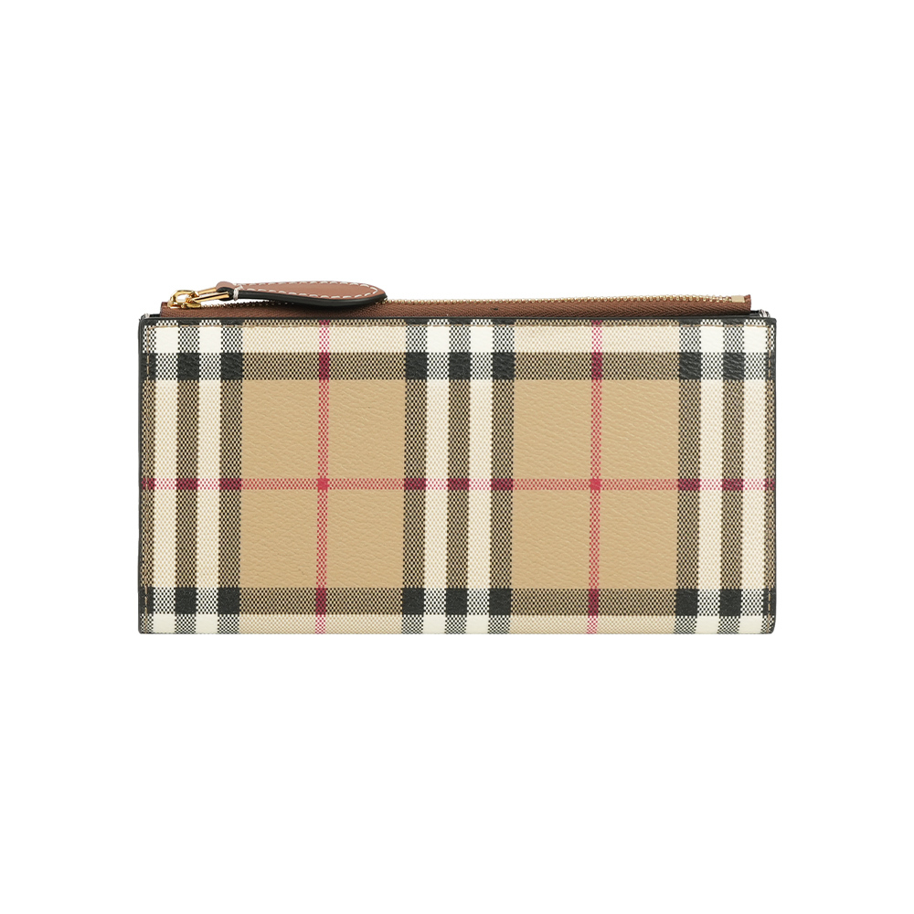 【Burberry】大格紋釦式二折薄款長夾(經典米色/石楠木棕)
