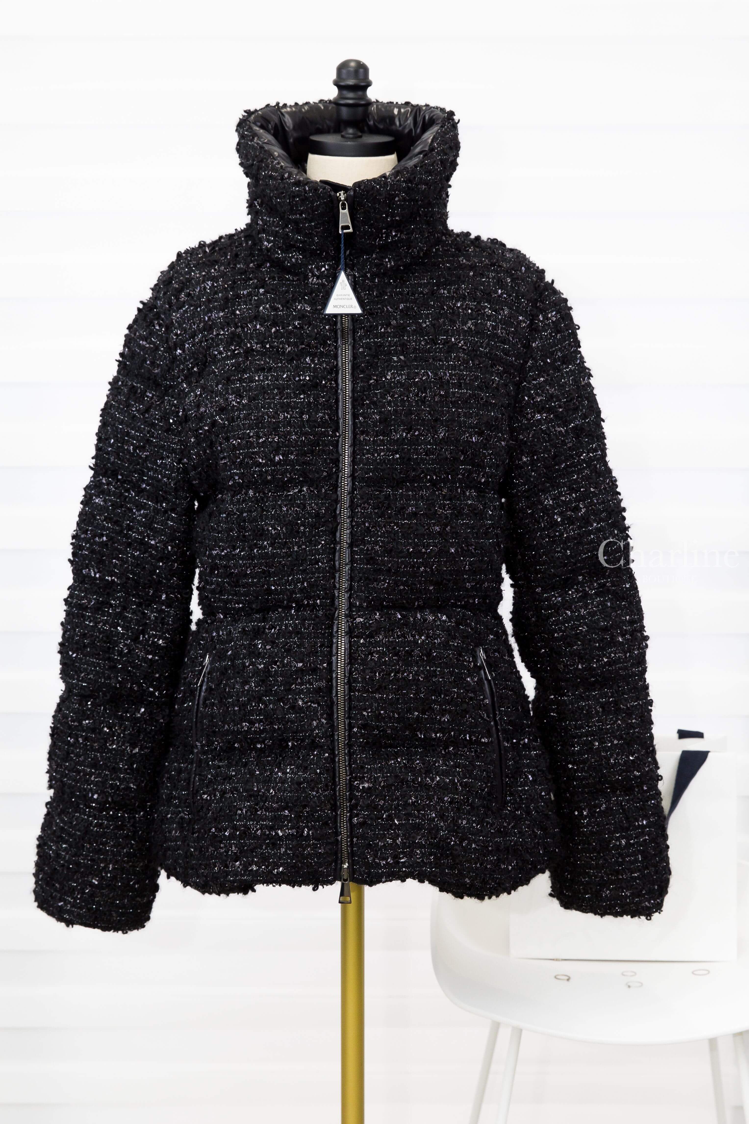 Moncler Urbel Tweed Short Down Jacket 黑色立領粗毛呢拉鍊收腰羽絨外套